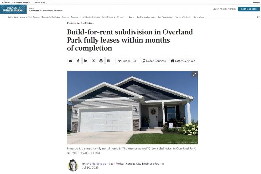 The Kansas City Business Journal features The Homes at Wolf Creek in an article, highlighting it’s first of its kind model and success as Build to rent community