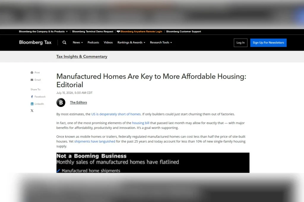 Bloomberg Editorial Highlights Manufactured Housing’s Role in Solving America’s Housing Crisis